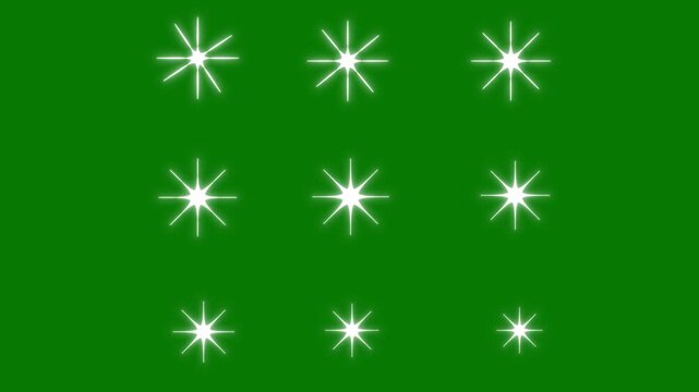 twinkling glitter stars animation glowing sparkle flashes white doodle star effects magical shine bursts retro cartoon vector style green screen chroma background, loop video. 4k