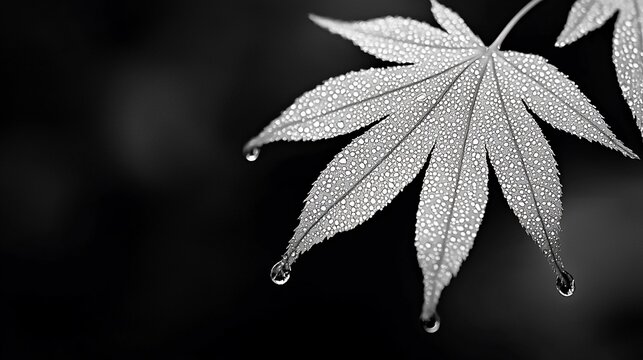 Monochrome close-up of a dew-covered maple leaf.