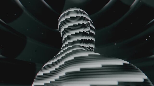 4K Seamless vj loop of abstract human bust formed by concentric horizontal tubes. Digital futuristic artificial intelligence sculpture surrounded by abstract science background.