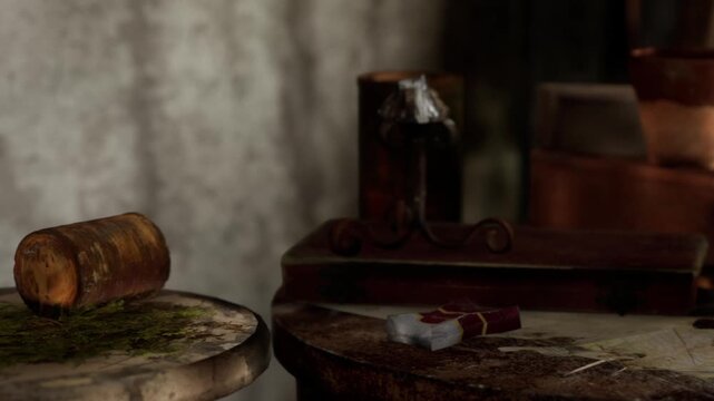 A table holds several objects including a small package wrapped in paper. Leaves are scattered on the table. The setting appears to be rustic with a simple design and earthy colors.