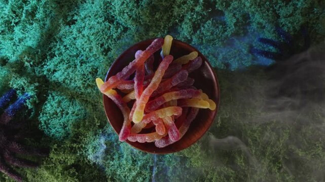 Hand serving plate of Halloween candies on foggy moss in lightning