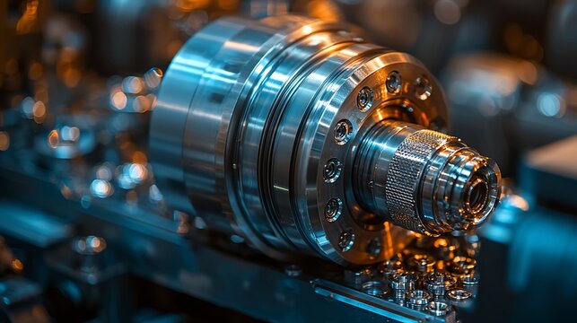 Close-up of precision engineered metallic industrial component with bolts and nuts.
