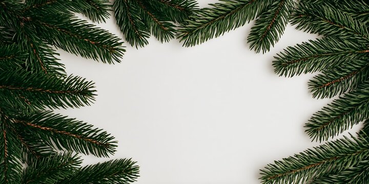 Evergreen pine boughs border blank white canvas
