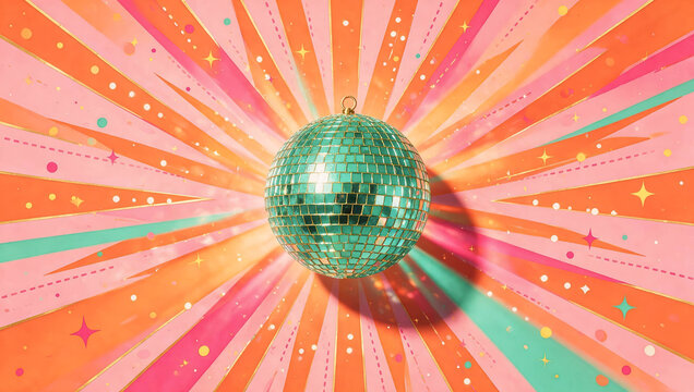 A turquoise mirrored disco ball dominates a vibrant retro backdrop of pink, orange, and green radial rays with playful decorative details.