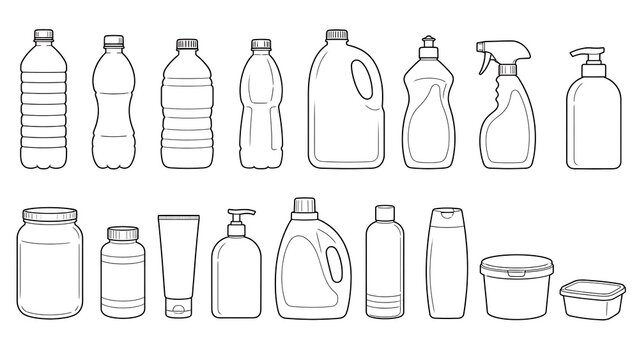 simple stick-figure illustration depicts of various plastic bottles and containers