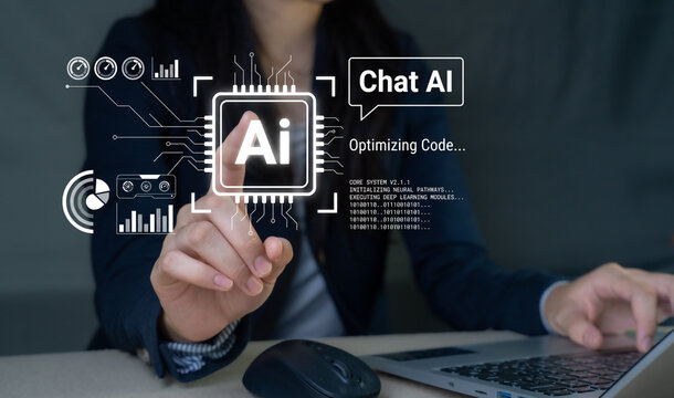 Woman Developer Touching Virtual AI Chip and Chat AI Interface for Optimizing Code Concept