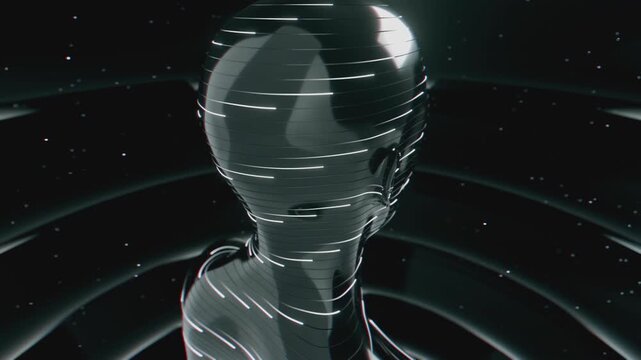 4K Seamless vj loop of abstract human bust formed by concentric horizontal tubes. Digital futuristic artificial intelligence sculpture surrounded by abstract science background.