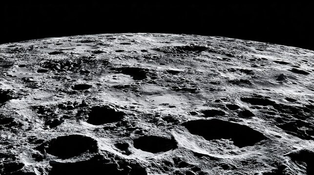 Detailed Craters on Lunar Surface with Rocky Terrain and Dark Space Horizon