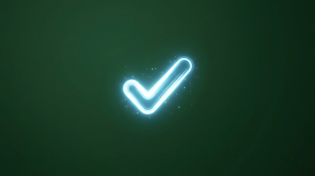 Glowing cyan checkmark icon radiates bright light with digital particle effects on a clean dark forest green gradient background surface