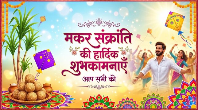 Cheerful indian man dancing with kites and traditional sweets in sunny makar sankranti festival illustration for holiday greeting poster
