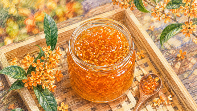 ガラス瓶に詰められた金木犀の花のジャム。秋の味覚と香りを楽しむ手作り保存食 generative ai