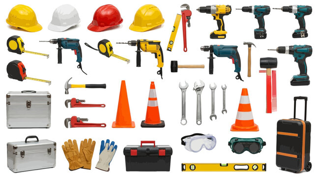 Set completo di attrezzi da lavoro e attrezzatura di sicurezza su sfondo bianco.