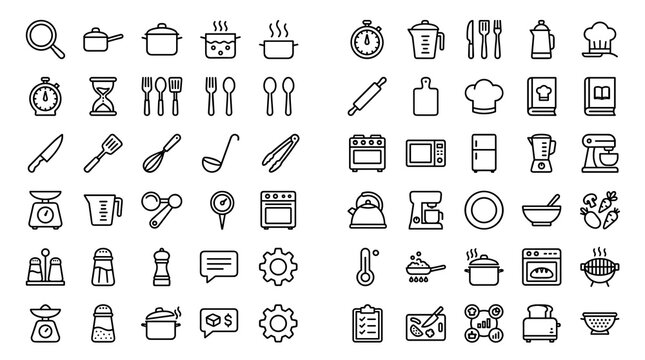Cooking and Kitchen Editable Line Icon Set with Utensils, Recipes, Frying, Boiling, Cooking Time, Settings, and Food Preparation Symbols