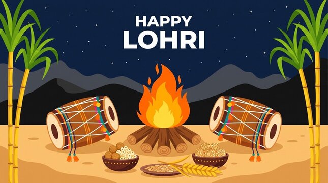 Happy Lohri typography with festival bonfire dhol drums and sweets under a night sky for greeting poster vector illustration.