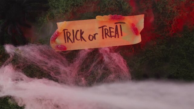 Trick or Treat sign with gummy worms in red glowing fog
