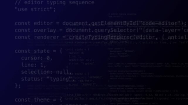 Animation of a JavaScript code snippet being typed in a dark-themed code editor interface. Radiant design with glowing light and layered depth.