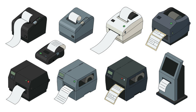 Isometric Thermal Receipt Printer Icon Set Featuring Barcode Label Makers, POS Terminal Machine Devices, and Kiosk Ticket Mechanisms Vector Illustration