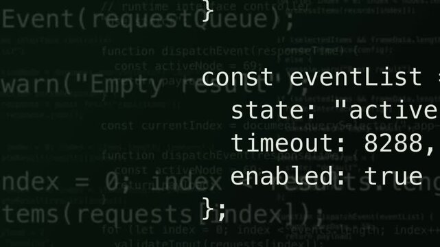 Animated JavaScript code snippets fade in and out over a dark green background. Futuristic technology backdrop with fading and clear interface detail.
