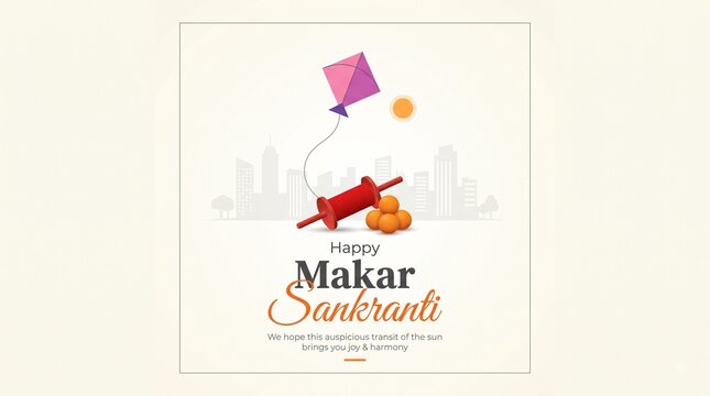 Makar Sankranti greeting design with flying kite traditional spool and festive sweets on a clean background for Indian cultural celebration