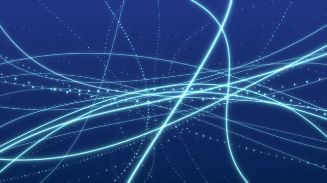 Multiple glowing blue lines and small particles flow and intersect dynamically over a dark blue gradient background. Layered blue and cyan tones enhance movement and depth.