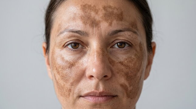 Close up portrait of adult woman face showing severe melasma chloasma and hyperpigmentation dark spots
