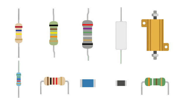 Electronic Resistor Component Icon Set Featuring Carbon Film Resistors, Metal Oxide Parts, Ceramic Blocks, SMD Chips, and Aluminum Housed Power Resistors Vector