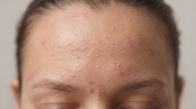 Close up of young human forehead covered in closed comedones fungal acne or small pimples