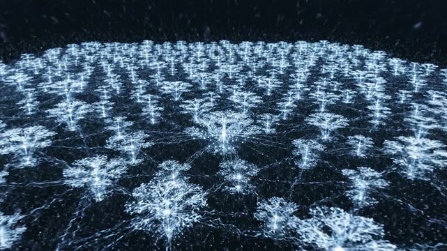 Abstract growing network of light particles forming glowing tree structures in dark digital space.