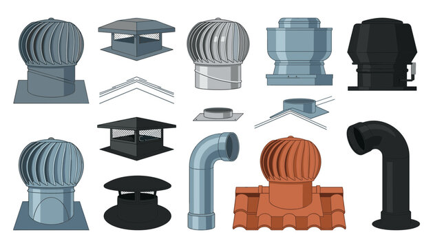 Roof Vent Icon Set Featuring Turbine Ventilators, Chimney Caps, Exhaust Fans, Ridge Vents, and Metal Drainage Pipe Fitting Hardware System Vectors