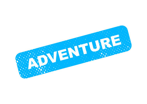 Bright blue adventure stamp with dotted border illustration