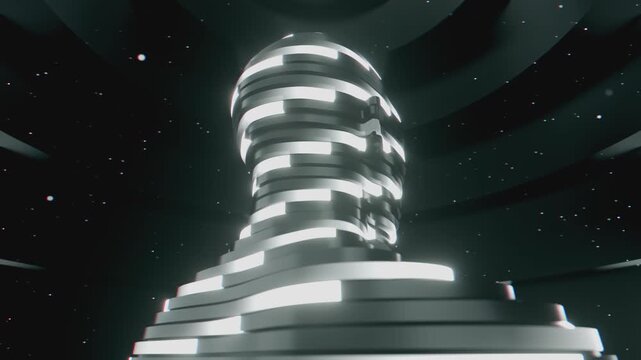 4K Seamless vj loop of abstract human bust formed by concentric horizontal tubes. Digital futuristic artificial intelligence sculpture surrounded by abstract science background.