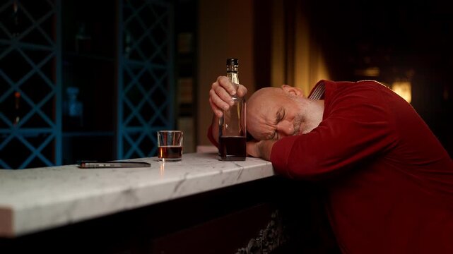 Middle-aged man sleeps on bar counter after binge drinking, alcohol addiction