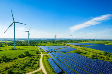 Aerial view of solar panels and wind turbines in a green field, representing clean and renewable energy. © Arif