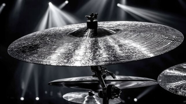 Polished steel ride cymbal with subtle hammer marks, illuminated by stage lights