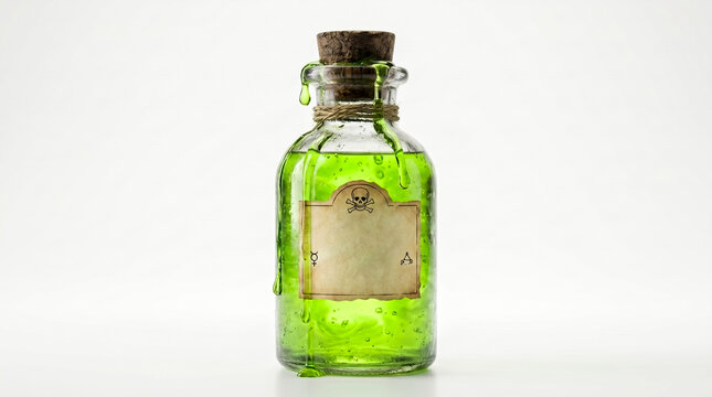 Mystical green potion bottle with an aged vintage label.