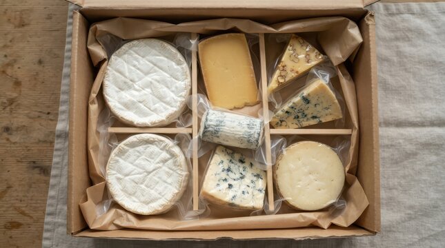 Assorted gourmet cheeses in a cardboard gift box