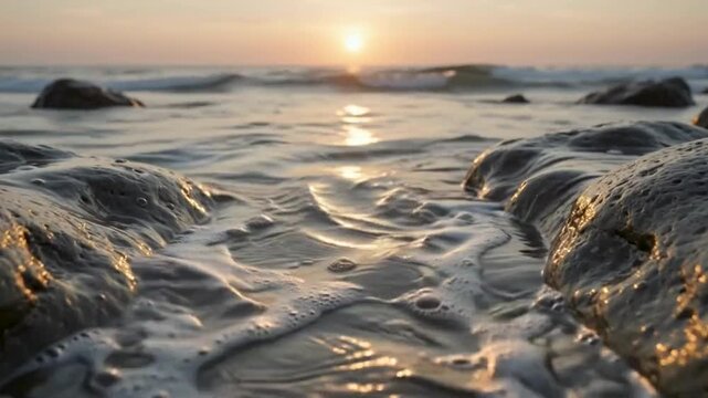 Golden Sunset Over Rocky Shore with Gentle Ocean Waves