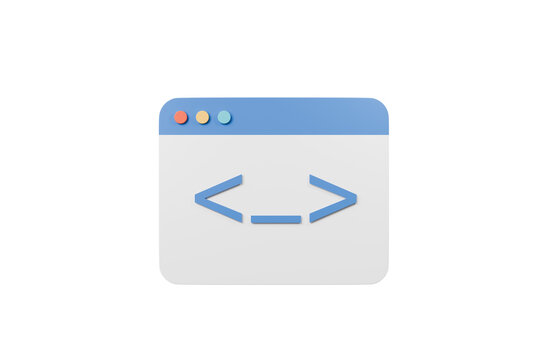 3d web coding icon. programming concept. minimal cartoon code brackets and browser window for software development. isolated on white transparent background. 3d render.