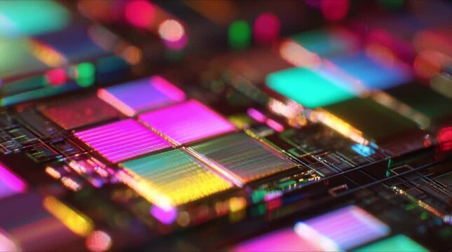 Extreme close up of silicon microchip wafer with dynamic neon slide and colour shift during precision semiconductor manufacturing process (AI Generated)