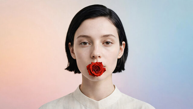 Femme avec une rose rouge devant la bouche