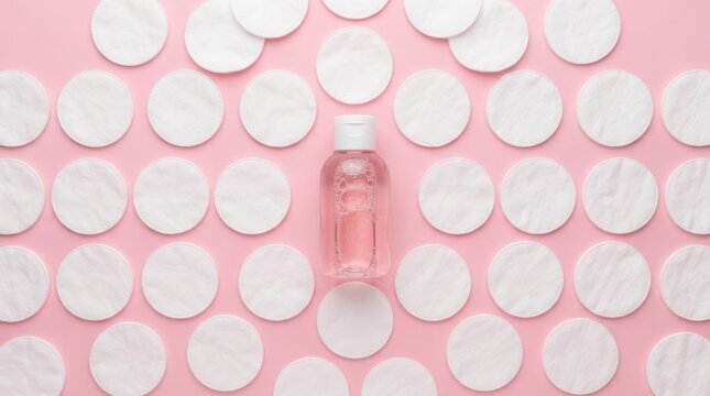 Bottle of micellar water surrounded by cotton pads on a pink background