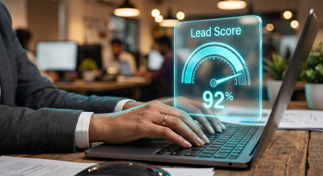 Sales representative hand on laptop with holographic CRM lead scoring interface, digital sales pipeline qualification concept in sales office