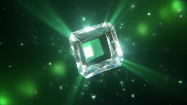 Levitating glowing crystal glowing brighter in emerald green