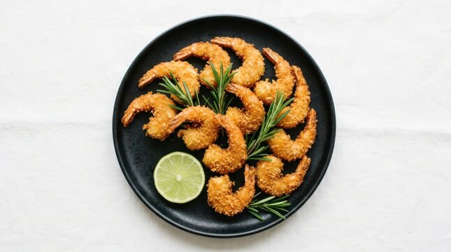 Top view of crispy fried breaded shrimp on black plate with lime and rosemary on white background