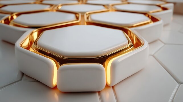Abstract 3D White Hexagonal Podiums with Golden Accents and Internal Glowing Light Architecture