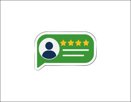 A green speech bubble icon featuring a user profile avatar and four yellow stars representing customer feedback review rating or positive client testimonial concept design