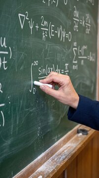 Hand writing mathematical equations on a green chalkboard close-up