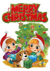 Fototapeta premium cartoon scene with kid with a dog on winter day with presents on merry christmas room scene illustration for kids