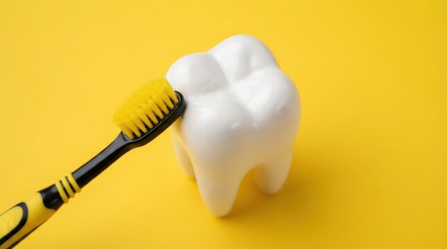 Tooth model being brushed with a yellow toothbrush on a yellow background