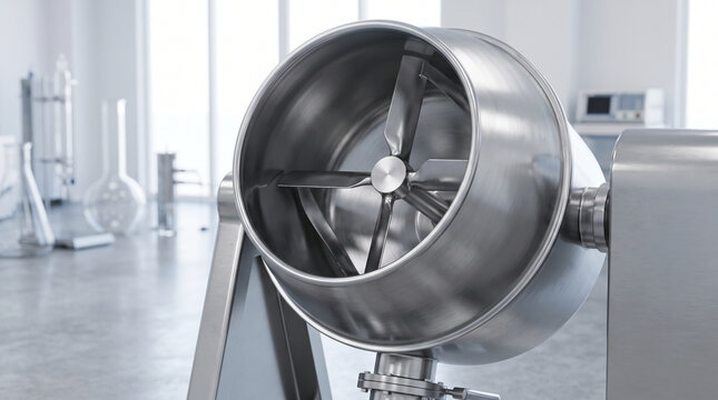 Industrial stainless steel mixing tank equipment with internal blades inside bright factory facility stainless industrial equipment facility processing manufacturing interior agitator